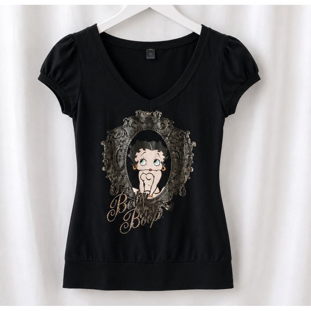 South Pole Betty Boop Graphic Top Size S Black Puff Sleeve Y2K Cartoon Tee
